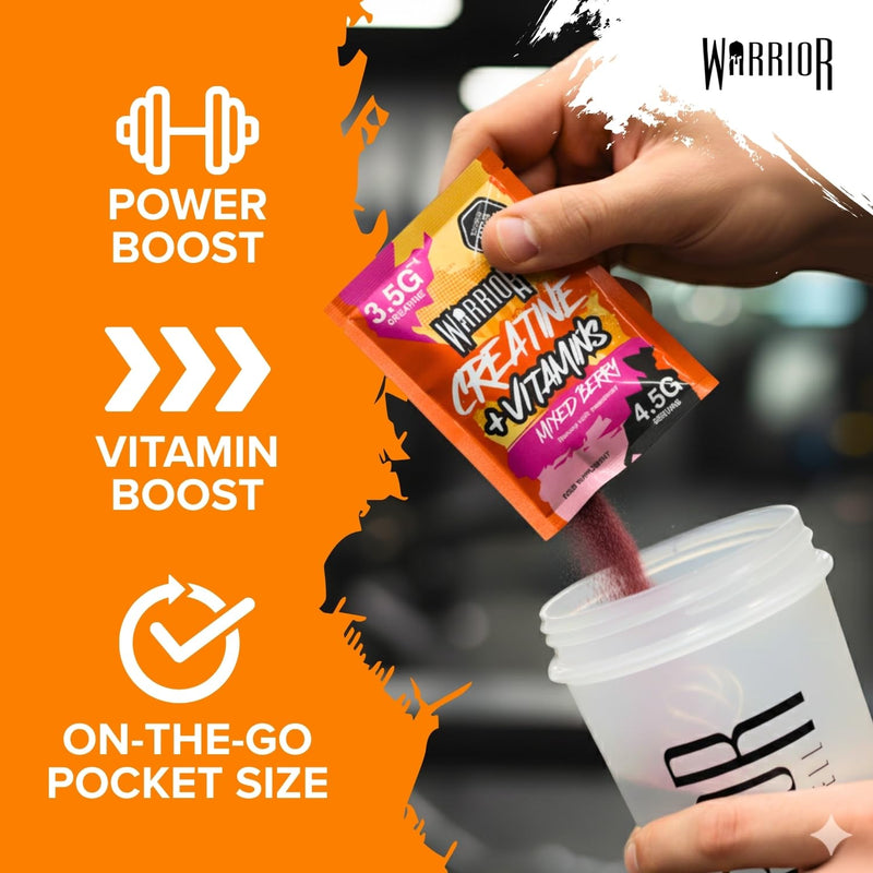 Warrior Creatine Plus Vitamins Sachets, Daily Wellness Drink Mix with 3.5g Creatine and Multivitamin Blend for Energy, Focus, Immunity and Vitality, Zero Sugar Mixed Berry, 15 Sachets