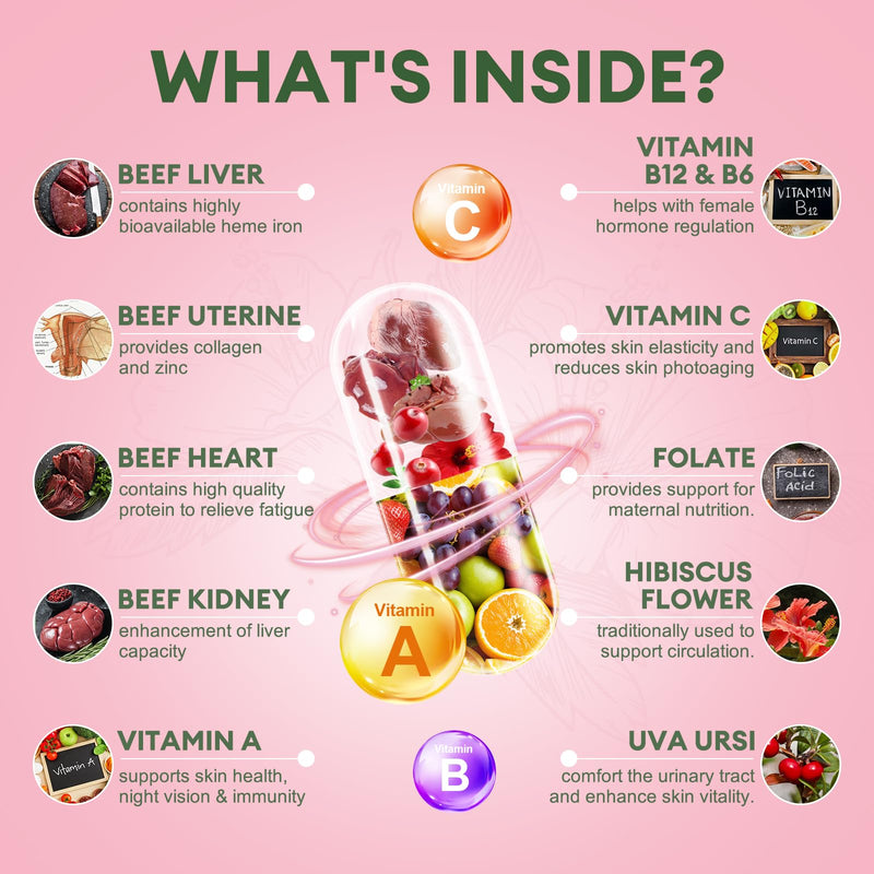 [Australia] - Beef Organ Supplement for Women - Beef Liver, Kidney, Heart,Uterus Tissue - Balance Hormones & Women's Overall Energy - Grass Fed, Pasture Raised - Natural Iron Supplement with Folate - 120 Capsules 120 Count (Pack of 1) 