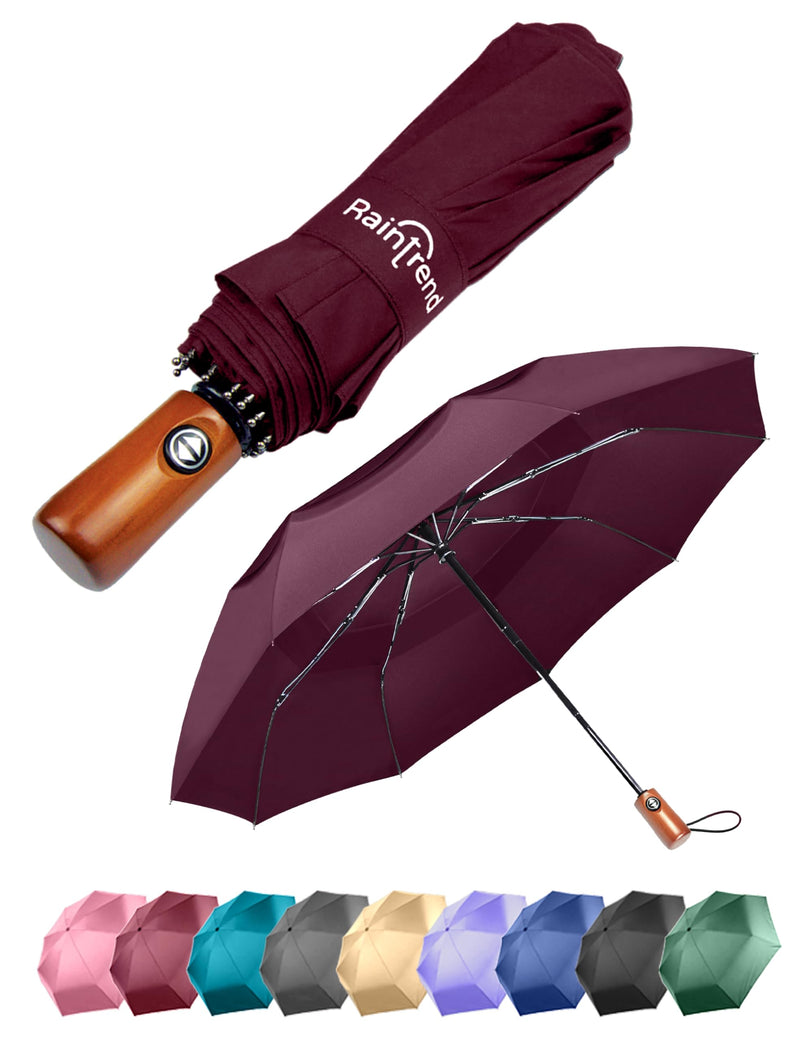 Raintrend 2 Pack Umbrellas for Rain Windproof Travel Teal and Burgundy Umbrella - Large Double Canopy but Compact Folding Portable - Automatic Strong Wind Resistant Construction