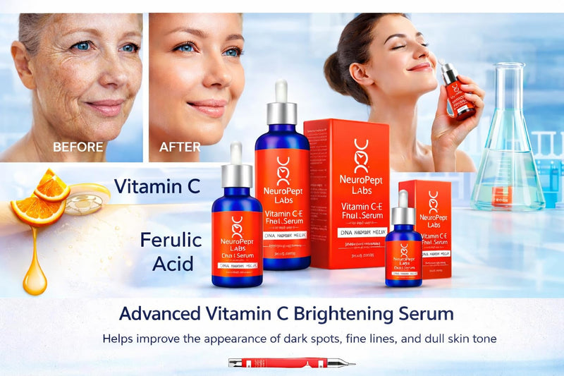 NeuroPept Labs Vitamin C Face Serum with Ferulic Acid & Hyaluronic Acid Brightening Anti-Aging Serum for Dark Spots & Fine Lines 1 oz