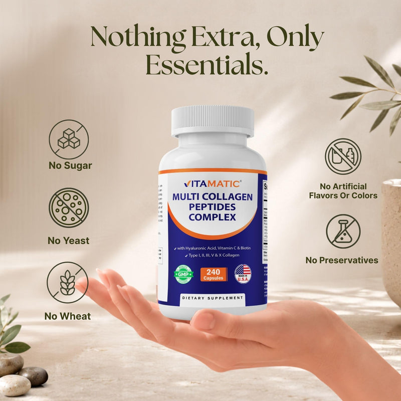 Vitamatic Multi Collagen Peptides Complex with Hyaluronic Acid, Vitamin C & Biotin, Types I, II, III, V & X Collagen, 240 Capsules, Non-GMO, Made in USA
