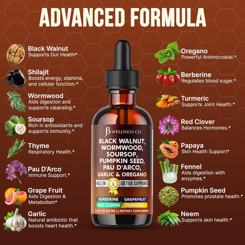 [Australia] - Wormwood Black Walnut Cleanse for Humans Drops Liquid Soursop Garlic Pumpkin Seed PAU D'Arco Oil of Oregano Turmeric Berberine Neem Extract Hull Bark Tincture - 6 oz 