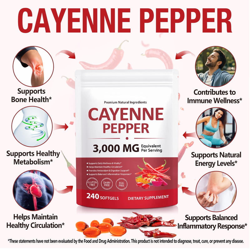 Cayenne Pepper Softgels Supplement 3000 mg , Cayenne Pepper Capsules with Vitamin D3 K2 & E, Grape Seed Extracts, Supports Healthy Blood Circulation, Antioxidant & Digestion Support, 240 Softgels