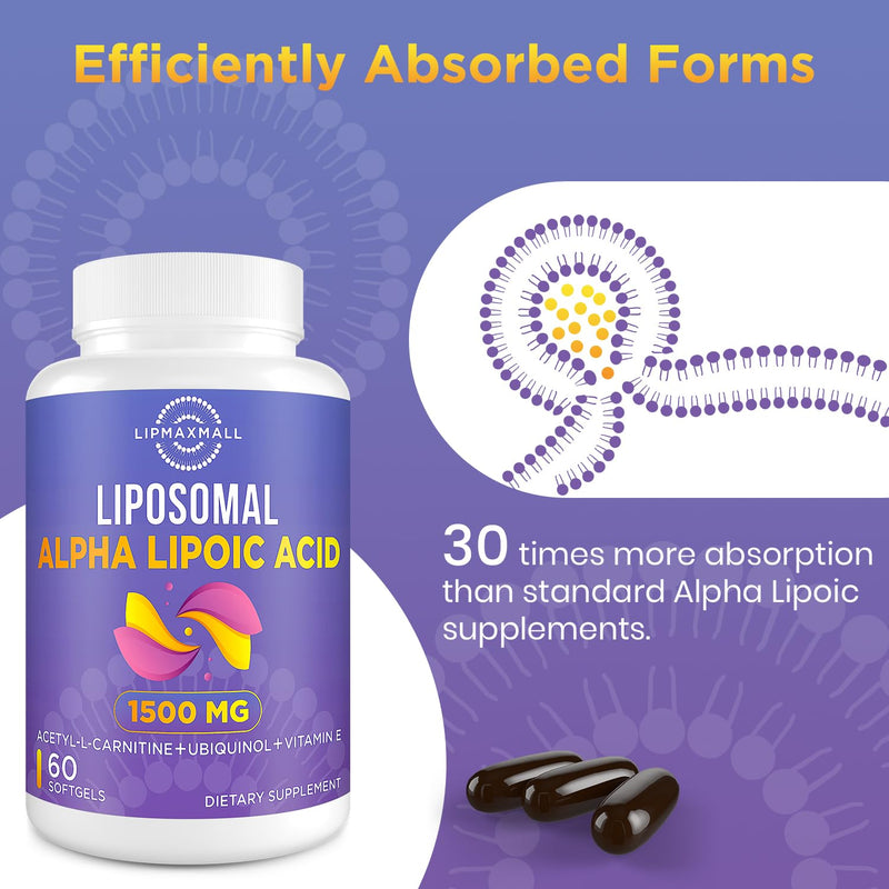 Liposomal Alpha Lipoic Acid 1500mg - with Acetyl-L-Carnitine 900mg & Ubiquinol 100mg & Vitamin E 15mg，ALA Supplement for Antioxidants Energy, 60 Softgels Unflavored 60 Count (Pack of 1)