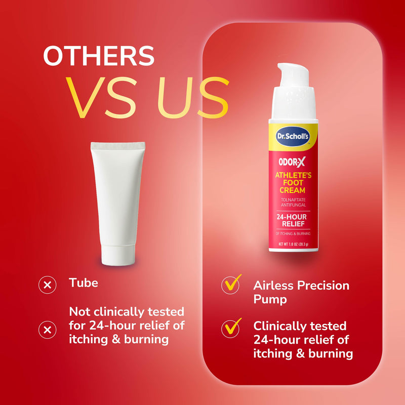 Dr. Scholl's Odor-X Athlete's Foot Antifungal Cream Treatment - 24 Hour Itching & Burning Relief, Treats Athlete’s Foot, Easy Use Precision Pump, Helps to Eliminate & Prevent Odors, Foot Health, 1 Oz