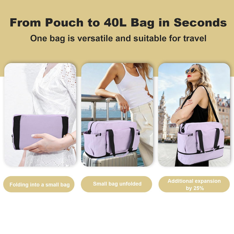 Foldable & Expandable Personal Item Travel Bag,Purple | Waterproof ,Wet-Dry Compartment ,Luggage Sleeve,Detachable Crossbody Strap,Carry on Bag,Weekender Bag,Women,Gym,Overnight Bag Purple
