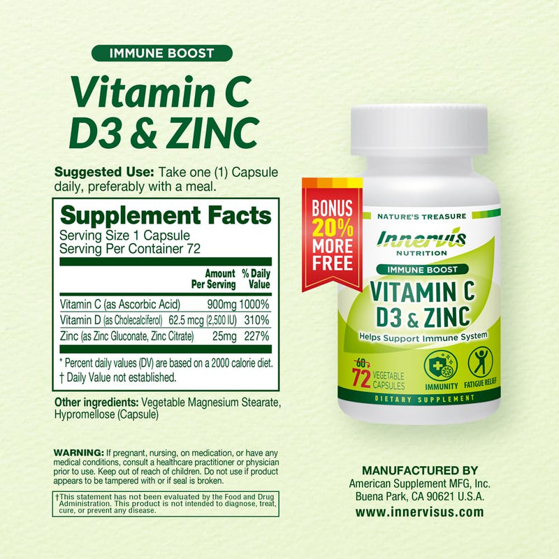 Immune Boost Complex – Vitamin C 900mg, D3 2,500 IU & Zinc 25mg for Immune System Support, 60 Veggie Caps | Innervis Nutrition