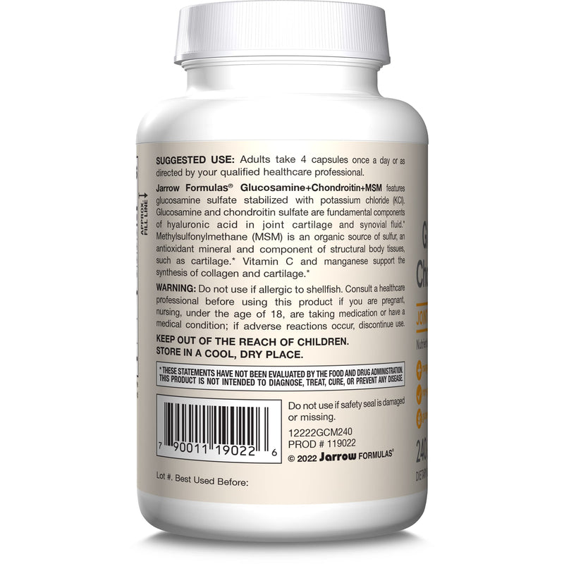 [Australia] - Jarrow Formulas Glucosamine + Chondroitin + MSM Capsules, Joint Support Supplement with Vitamin C and Manganese, 240 Capsules, 60 Day Supply 240 Count (Pack of 1) 