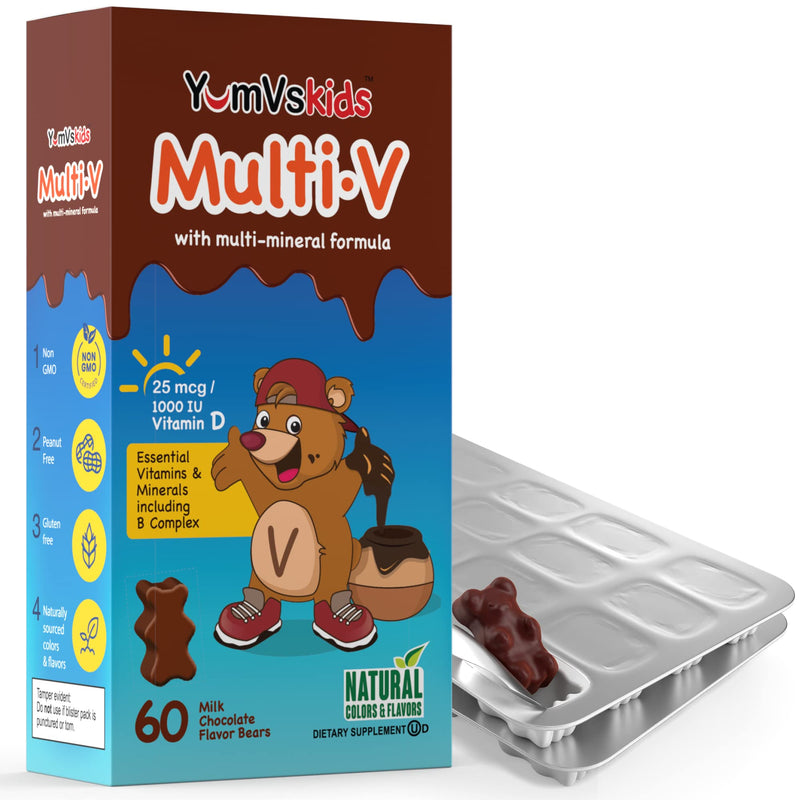 [Australia] - YUM-V'S - Kids Multivitamin Chewable Chocolate Bears - Multivitamin for Kids Supplement - 16 Vitamins & Minerals - Vitamins Including D, Zinc, C, B Complex & More, 60 Count Pack of 1 Chocolate 60 Count (Pack of 1) 