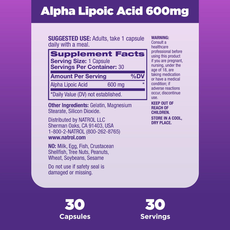 Natrol Alpha Lipoic Acid 600 mg, Dietary Supplement for General Wellness, 30 Capsules, 30 Day Supply Unflavoured 30 Count (Pack of 1)