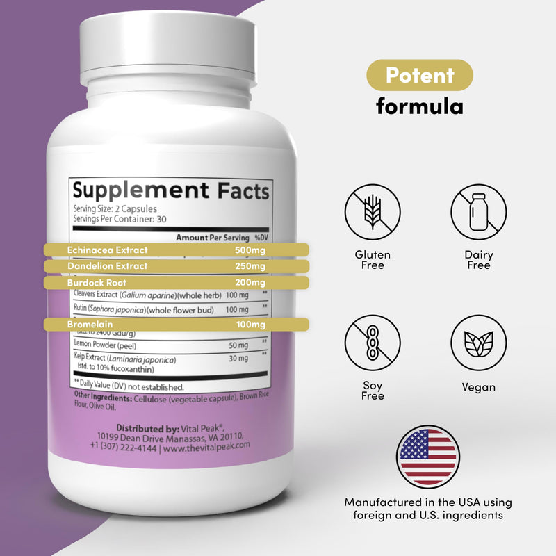 [Australia] - Lymph Peak - Lymphatic Drainage Supplements - Lymph System Support - with Burdock Root, Echinacea Extract, Bromelain, Dandelion Extract & More - Vegan, Non GMO, Gluten Free - 60 Capsules 