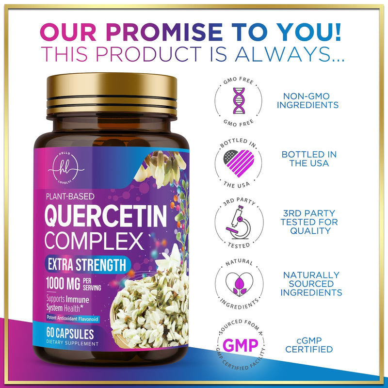 Quercetin Capsules - 1000mg per Serving Premium Plant-Based Bioflavonoids - Extra Strength Antioxidant & Immune Support - Powerful Respiratory Health Supplement - Bottled in USA - 60 Veggie Capsules 60 Count (Pack of 1)