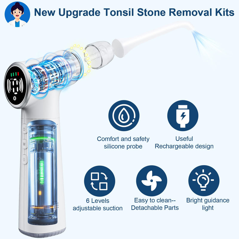 [Australia] - Tonsil Stone Remover Tool, Upgraded Electric Tonsil Stone Removal Kit - with Built-in LED Light & 6-Level Suction for Bad Breath Prevention, Oral Suction Device for Stone Removal White 