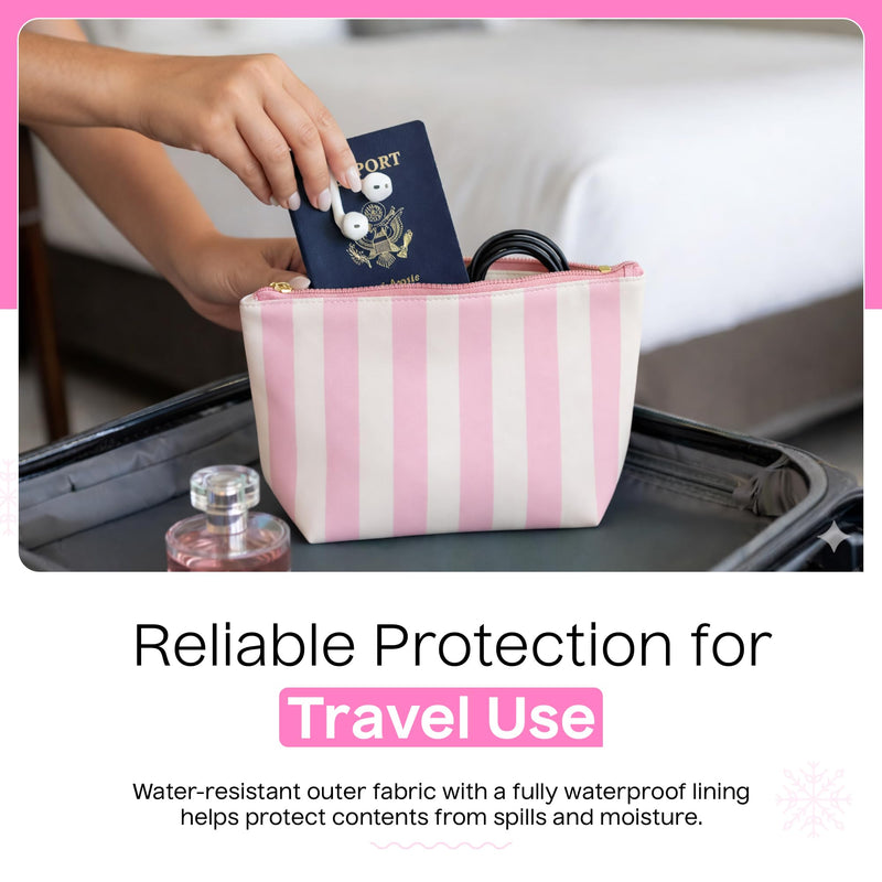 Preppy Stripe Crinkle Makeup Bag Set of 5 Travel Cosmetic Bags | Pink and White, 6 x 9 x 3 in, Crinkle & stripe design, waterproof fabric, generous capacity, gift for women