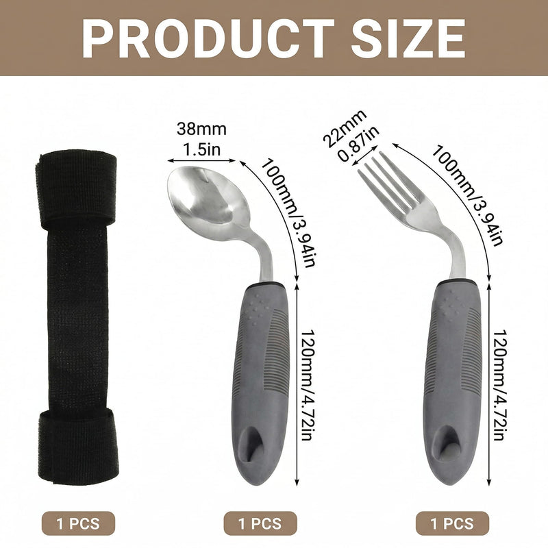 3 Pcs Right Handed Adaptive Cutlery for Adults, Angled Spoon and Fork with Fixing Strap - Easy Grip Disabled Cutlery for Arthritic Hands, Parkinson’s, Hand Tremors & Elderly