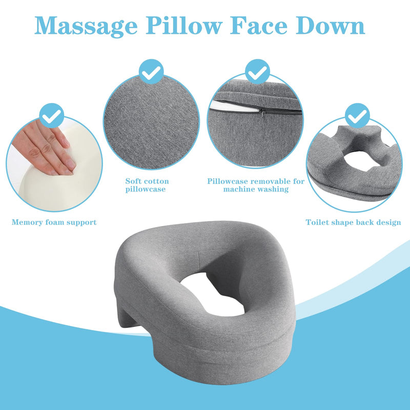 [Australia] - Ergonomic Face Down Pillow for Massage – Memory Foam Face Pillow with Detachable Cover, Ideal for Prone Sleepers, Stomach Sleeping, Post-Eye Surgery Recovery, Spa, and Beach Tanning (Grey) Grey 