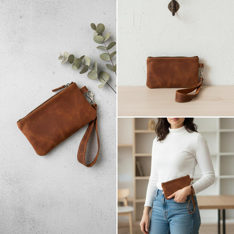 Leather Cosmetic Pouch - Genuine Leather Makeup Bag with Detachable Wrist Strap, Zipper Makeup Bag, Small Travel Toiletry Case, Warm Brown