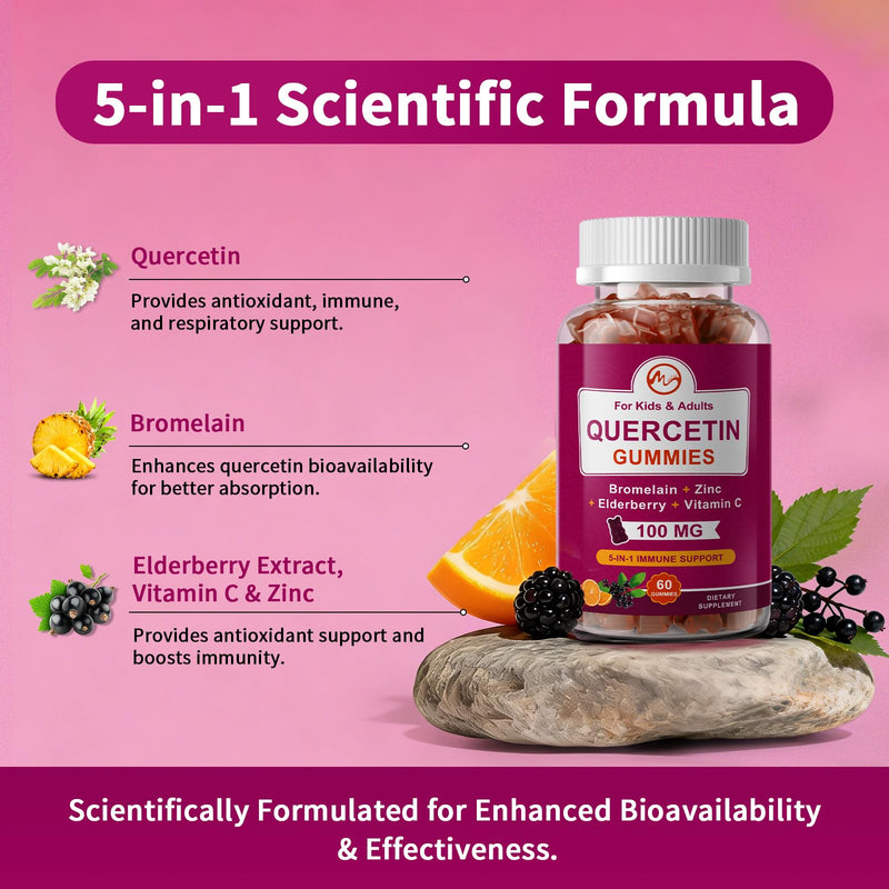 M inch Quercetin Gummies with Bromelain, Elderberry, Zinc and Vitamin C - Chewable Quercetin 100mg Supplement for Immune, Respiratory & Antioxidant Support, 2 Pack | 5-in-1 Quercetin Supplement with Bromelain, Elderberry, Zinc and Vitamin C, Chewable f...