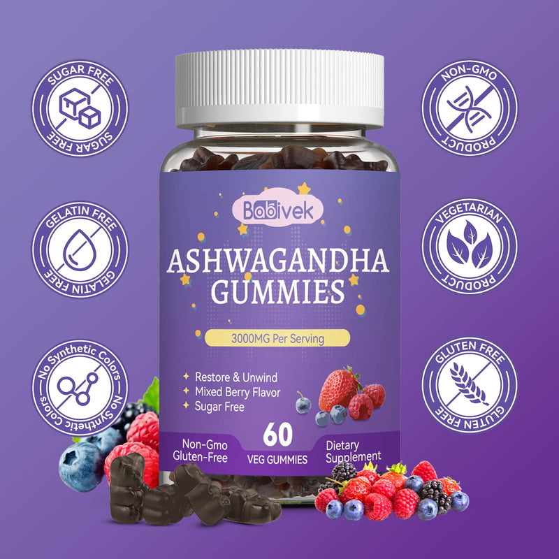Ashwagandha Gummies 3000mg - 60 Count (30-Day Supply) for Stress Relief | Immune Support Ashwagandha Supplements with Maca, L-Theanine, GABA, Turmeric - Mixed Berry Flavor 60 Count (Pack of 1)