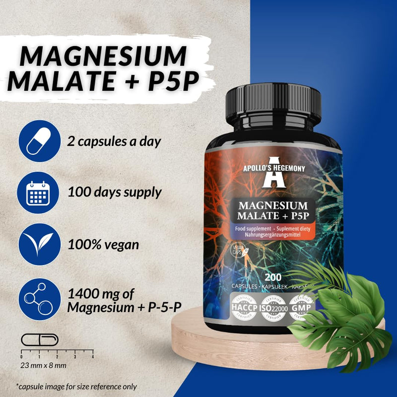 Magnesium Malate 1400 mg per Portion + Vitamin B6 (P-5-P) - 200 Vegan Capsules - 3 Month Supply - Magnesium Malate + Pyridoxal-5-Phosphate - Support Muscle and Bone Health - by Apollo's Hegemony