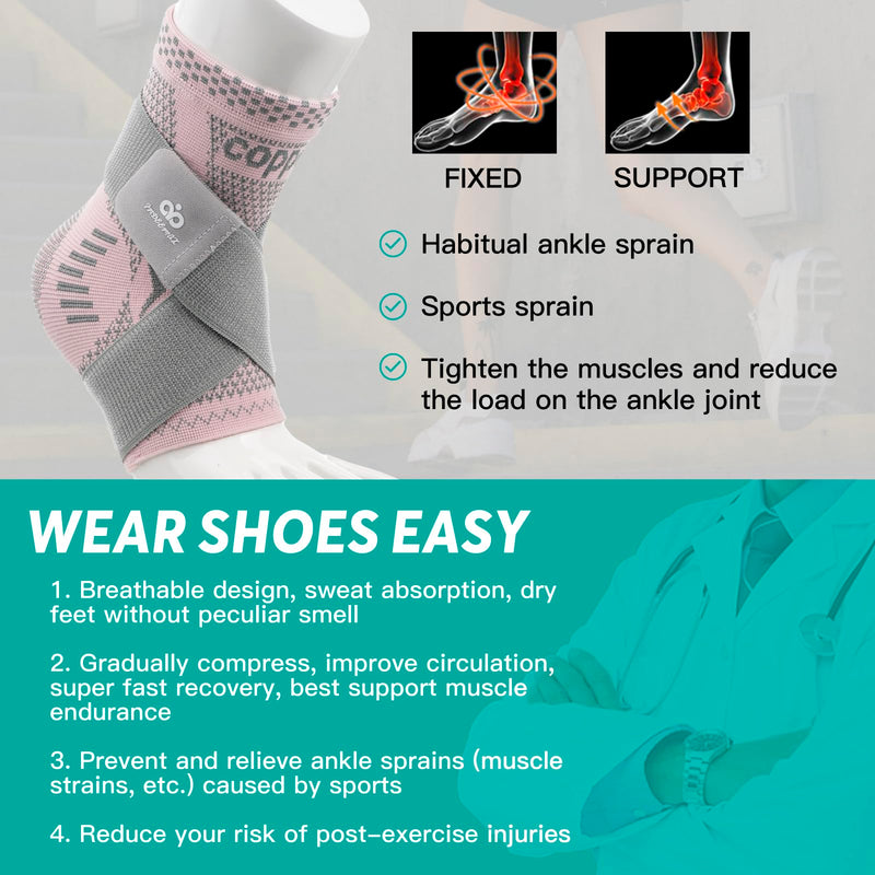 INDEEMAX Ankle Brace for Women & Men, Ankle Compression Sleeve Support Copper Infused Ankle Brace for Sprained Ankle, Plantar Fasciitis Sports, Achilles Tendonitis Pain Relief, Pink Silver, S Copper Pink Silver Small