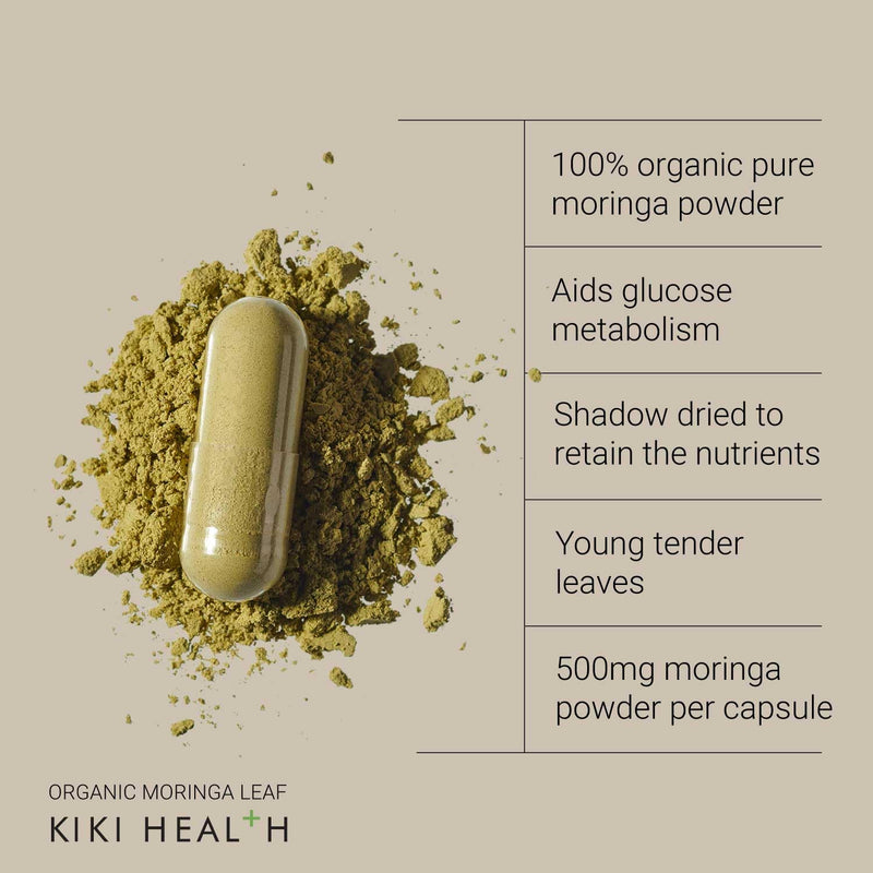 KIKI Health - Organic Moringa Leaf Capsules 500mg - Made from 100% Organic Moringa - No Artificial Colours, Preservatives, Sweeteners or Fillers - Suitable for Vegans - 120 Capsules