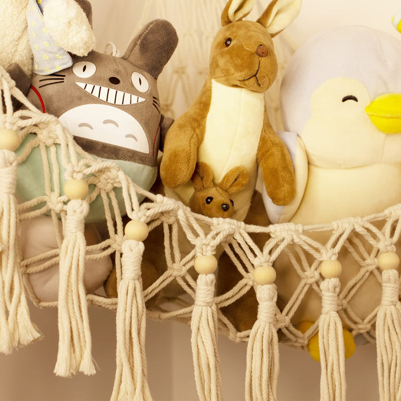 [Australia] - Stuffed Animal Toy Storage Hammock with LED Light - Macrame Jumbo Doll Corner Stuff Animals Organizer Decorations - Cute Hanging Plushie Net Kids Baby Nursery Bedroom Room Decor Beige L (39.5"*39.5"*48") 