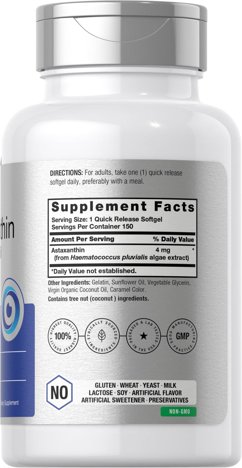 Horbäach Astaxanthin 4mg | 150 Softgels | with Coconut Oil | Supplement from Microalgae | Non-GMO, Gluten Free