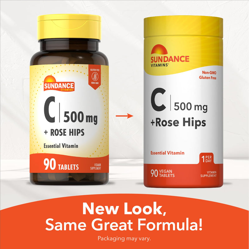 Sundance Vitamin C with Rose Hips | 500mg | 90 Vegetarian Tablets | Essential Vitamin | Vegetarian, Non-GMO, and Gluten Free Supplement