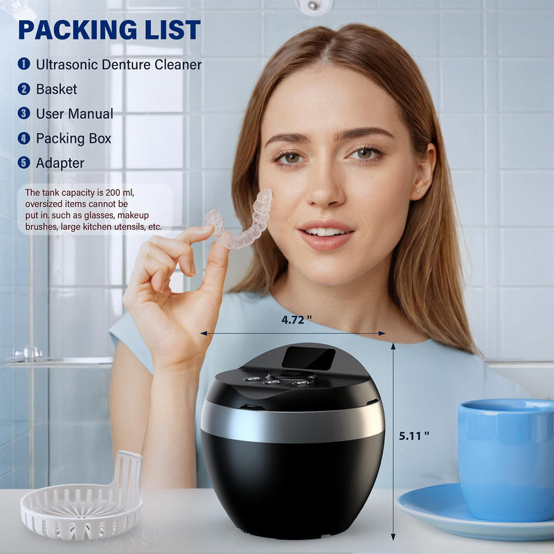 [Australia] - Ultrasonic Retainer Cleaner, 200ML Denture Cleaner for Mouthguard, Aligner, Brace, Night Guard and Dental Appliance with 4 Modes, 45kHz Jewelry Cleaner for Rings, Dental Cleaning Pod with Basket Black 