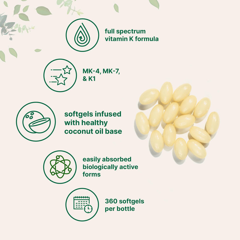 Super Vitamin K Complex (K2 MK7 + MK4 & K1), 360 Coconut Oil Softgles | Easily Absorbed K Vitamins, Active Menaquinone Complex | Non-GMO