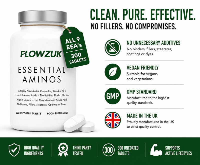 Essential Amino Acids – 300 Tablets | Full Spectrum EAAs with BCAAs | Vegan-Friendly | UK Made | High-Strength Amino Supplement