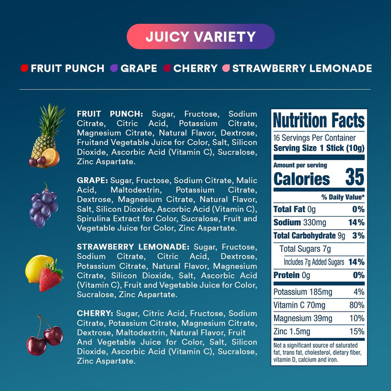 [Australia] - DripDrop Hydration Packets - Juicy Variety Pack - Single Serve Electrolytes Powder Drink Mix - Grape, Fruit Punch, Strawberry Lemonade, Cherry - Non-GMO, Gluten Free, Vegan - 16 Sticks 