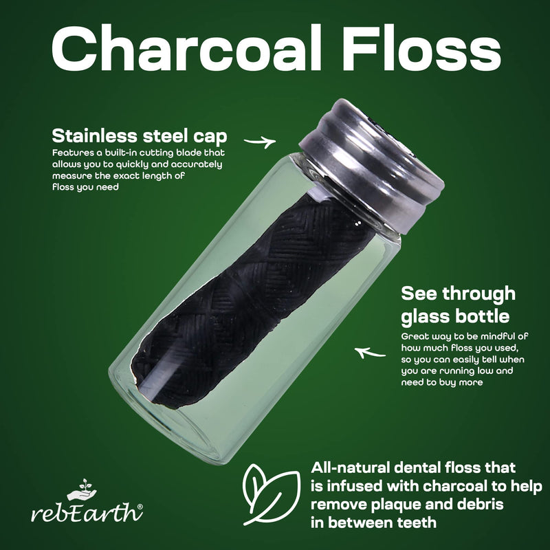 rebEarth Natural Deep Clean Charcoal Floss - Oral Care Dental Floss w/Mint Flavor, 30m Tooth Floss in Glass Container, Bamboo Floss w/Reusable Floss Container, Smooth & Shred Resistant (Pack of 4) 4 Pack Dental Floss