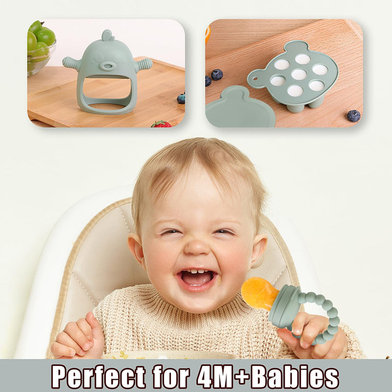[Australia] - Baby Fruit Feeder Pacifier - 3 Pack | 1 Baby Food Feeder & 1 Baby Teether & 1 Baby Popsicle Molds | Breastmilk Popsicle molds | Baby Teething Toys | Silicone Baby Feeding Set | Baby Feeder (Pea Green) 01. Pea Green - Set 1 