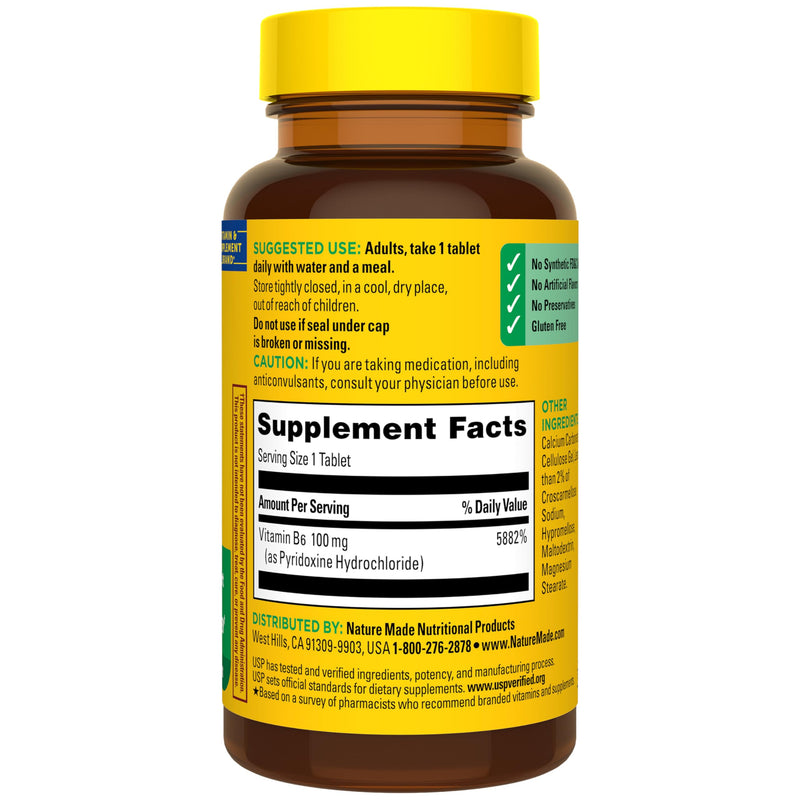 Nature Made Vitamin B6 100mg, 100 Tablets | B6 Vitamins for Energy Metabolism Support, Helps Support Nervous System Function, Gluten Free, 100 Day Supply 100 Count (Pack of 1)