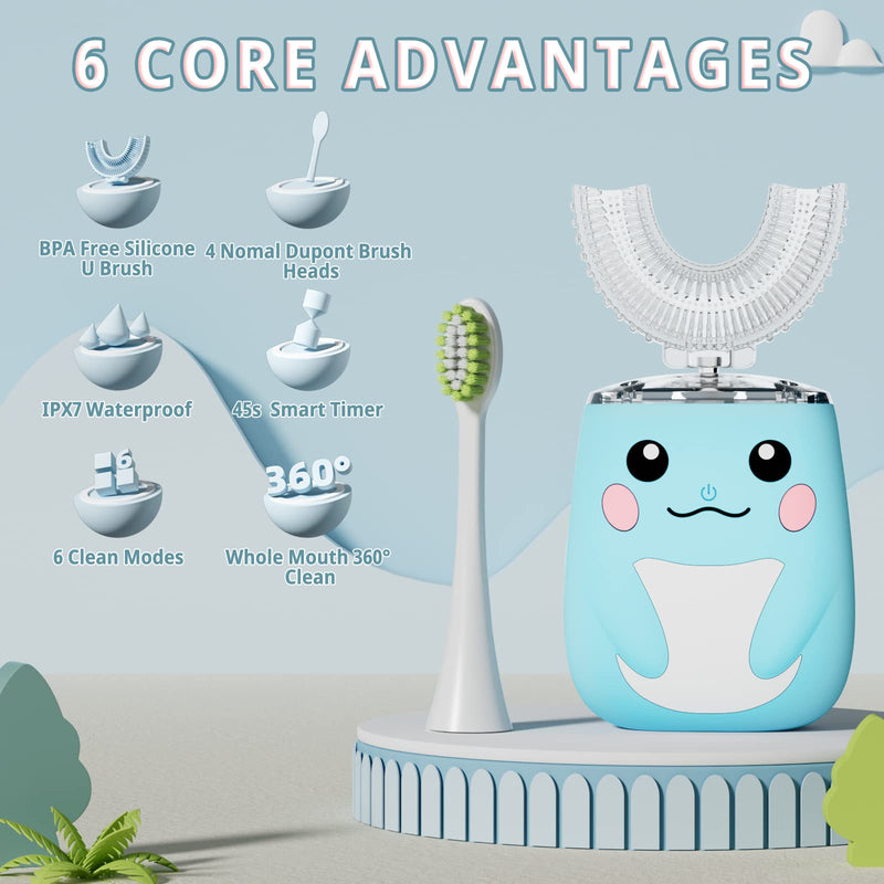 [Australia] - Kids Electric U Shaped Toothbrush,Toddler sonic Toothbrush with 6 Soft Brush Head Automatic Toothbrush Rechargeable 6 Cleaning Modes IPX7 Waterproof 360 Degree Cleaning -Age2-7 Blue Baby Blue 