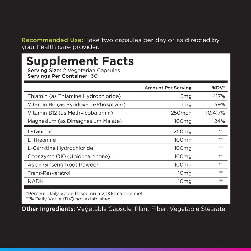 Livingood Daily Energy Support Supplement, Caffeine Free, 60 Capsules | 11-in-1 Formula, NADH, Vitamin B12 & B6, CoQ10, Ginseng, L Theanine, Supports ATP, Focus, & Clean Energy Prod., Made in USA