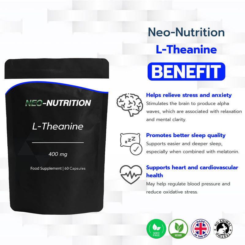 L-Theanine 400mg with BioPerine - 60 Vegan Capsules - Highly Bioavailable - Resealable and Recyclable Pouch - 2 Month Supply