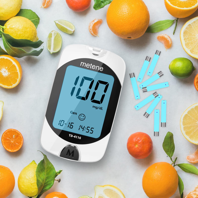 Metene TD-4116 Blood Glucose Monitor Kit, 100 Glucometer Strips, 100 Lancets, 1 Blood Sugar Monitor, Blood Sugar Test Kit with Control Solution, Lancing Device, No Coding, Large Display