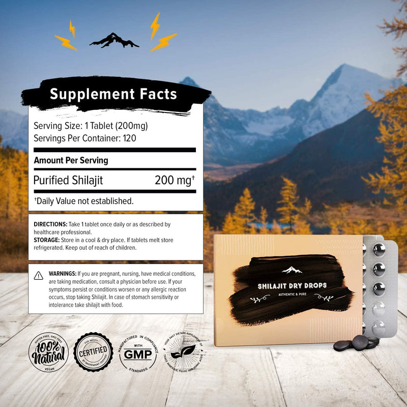 [Australia] - Pure Himalayan Shilajit Dry Drops, 100% Pure Natural Shilajit, Grade A, Max Potency 85+ Clean Trace Minerals & Fulvic Acid for Energy, Metabolism & Immune Support Supplement for Men & Women (120 tabs) 120 Count (Pack of 1) 