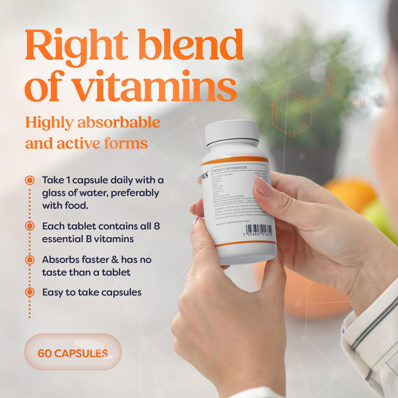 Vitamin B-50 Complex High Strength – Complete B-Vitamin Formula for Energy, Metabolism & Nervous System Support – 60 Vegan Capsules – Made in UK