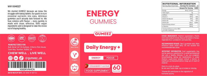 Energy Gummies, Daily Energy and Focus with Caffeine and L- Theanine, Strawberry Flavour, Vegan, 60 Gummies