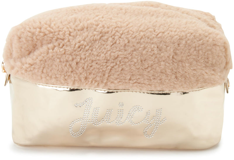 Juicy Couture Shiny Rhinestones Faux Shearling Gold Makeup Bag Cosmetics Organizer Travel Essentials Set