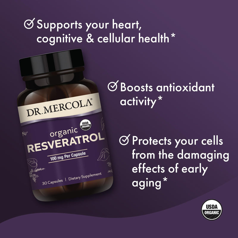 [Australia] - Dr. Mercola Organic Resveratrol Dietary Supplement, 100mg per Capsule, 30 Servings (30 Capsules), non GMO, Gluten Free, Soy Free, USDA Organic 