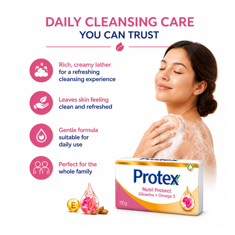 Protexx Nutri Protect Glycerin + Vitamin E Bar Soap, 3 Pack, 110g Each, Daily Cleansing Body Soap Bars Nutri Protect Glycerin + Omega 3