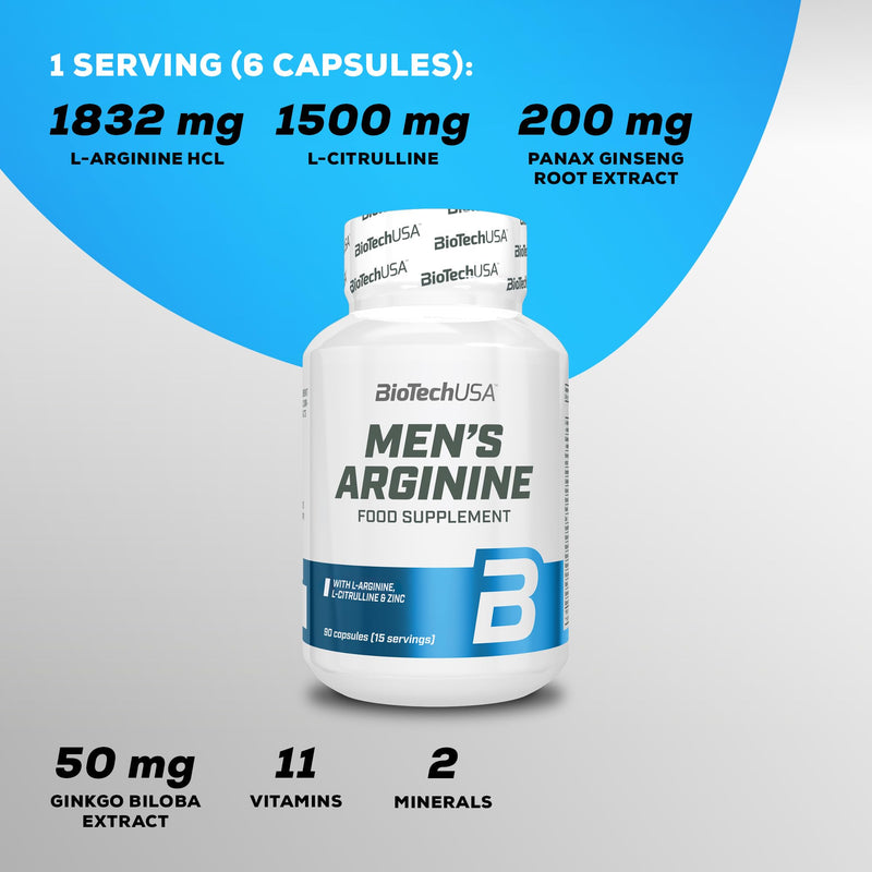 BioTechUSA Men's Arginine | Boost Vitality | with Herbal Ingredients | Vitamins | Zinc | Ideal for Men's Wellness | 90 Capsules_