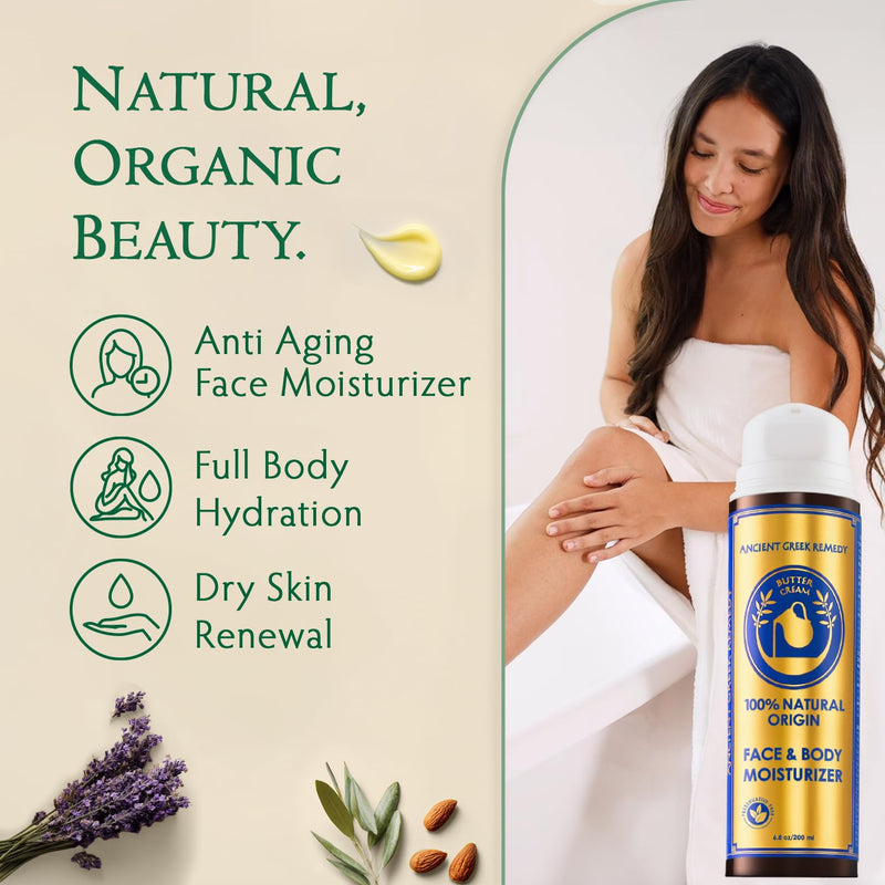 Organic Face Moisturizer for Dry Skin, Hydrating Facial & Body Butter Cream | Anti Aging Moisturizer Nourishes & Softens Mature & Sensitive Skin, Natural Face & Body Butter with Vitamin E & Rosehip Oil 6.8 Fl Oz (Pack of 1)