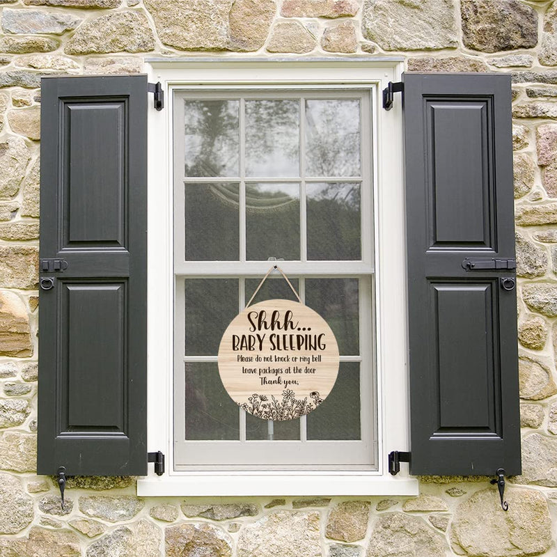 [Australia] - Shhh... Baby Sleeping Hanging Sign Plaque, Do Not Knock Or Ring The Bell, Round Sturdy Wooden Door Hanger for Baby Room, Nursery, Kindergarten, Bedroom, Door Knob Decor 12In 
