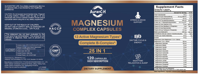 25-in-1 Magnesium Complex with Methylated B Complex Magnesium Glycinate Citrate Malate Taurate Gluconate Aspartate Carbonate D3 K2, Magnesium Complex Supplement for Relaxation Energy & Nerve